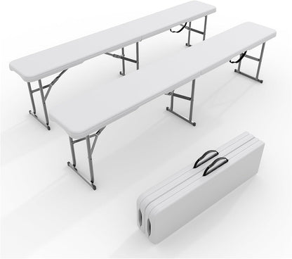 EliteEdge 6Ft Plastic Folding Bench, 2 Pack Portable Folding Bench, Foldable HDPE Waterproof Outdoor Benches with Carrying Handle Picnic Camping Sports Party Activities, White (White-2pc)