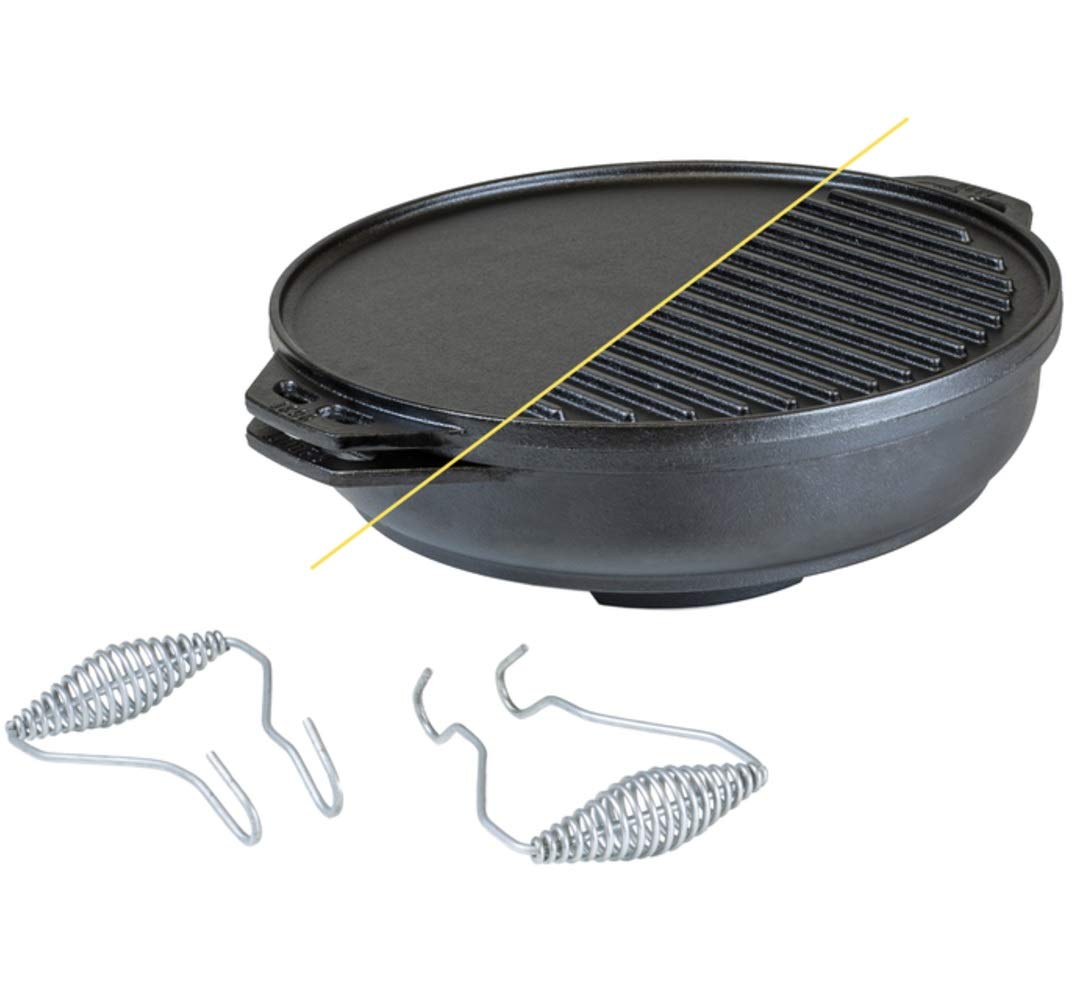 Lodge Cast Iron Cookware Set with Accessories - Five-Piece Cast Iron Cookware Set with Reversible Grill/Griddle, Wok, Handles and Leather Gloves