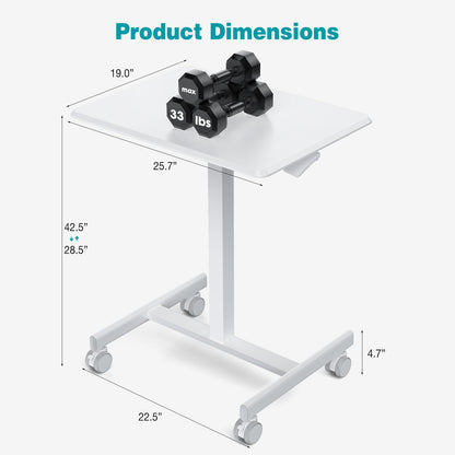 DUMOS Small Standing Desk Mobile Portable Rolling Laptop PC Table on Wheels Adjustable Height Computer Workstation for Home Office, 19 Inch, Modern White