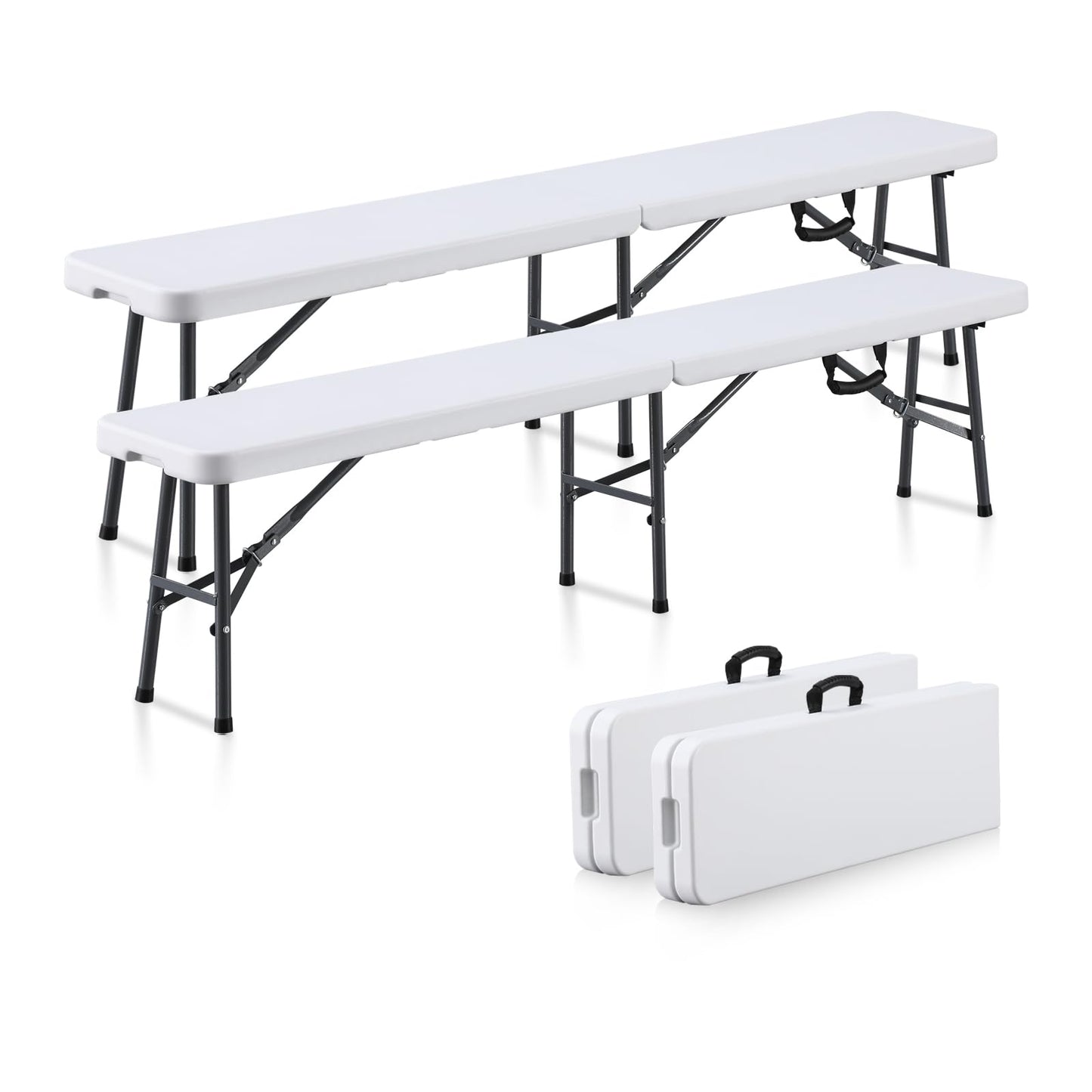 KAIHAOWIN 6FT Plastic Folding Bench White with Carrying Handle Indoor/Outdoor Portable Seat for Picnic, Camping, Dining, Party- 2 Pack