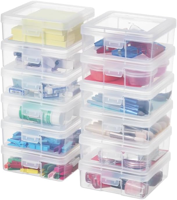 Storage Containers 12-Pack by [Brand Name] - Clear Stackable Plastic Boxes with Latching Lid | 5” x 5” x 1.9”