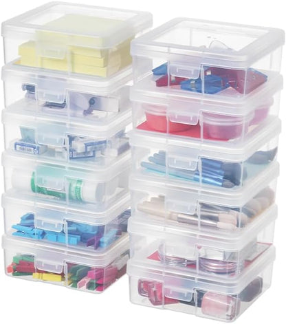 Storage Containers 12-Pack by [Brand Name] - Clear Stackable Plastic Boxes with Latching Lid | 5” x 5” x 1.9”