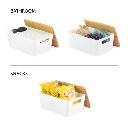 Isaac Jacobs 2-Pack Storage Bin Set w/Cut-Out Handles and Bamboo Lid, Plastic Organizers for Home, Pantry, Kitchen, Closet, Office, Home Décor, BPA Free, Food Safe (Medium, Clear)