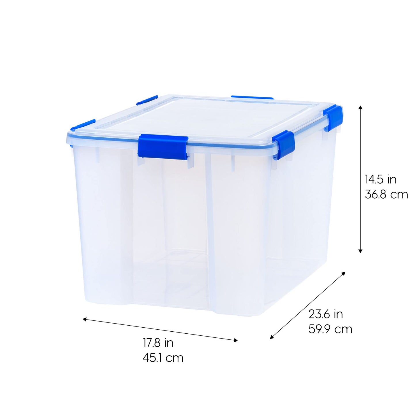IRIS USA WeatherPro 74 Qt Storage Bins with Lids, 3 Pack, BPA-Free Plastic Gasket Box with Tight Latch and Seal, Stackable Nestable Tote Tub - Clear/Blue