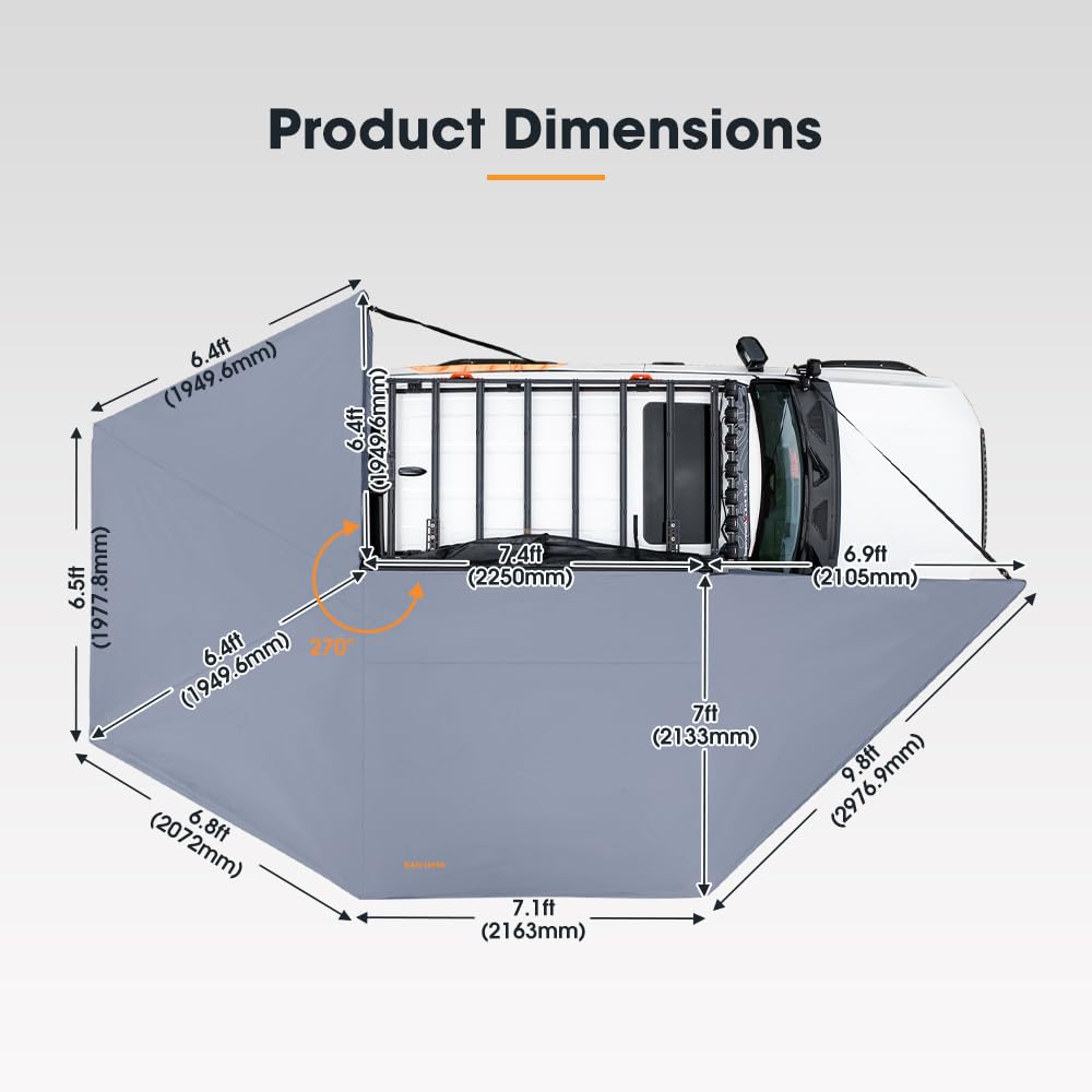 Sanhima 270 Awning Free Standing Built-in LED Light - 129.2 sq.ft Shelter Karlu Frontier Car Side Waterproof UV50+ Wind Resistant, Passenger Side, 270 Degree Vehicle Awning for SUV Van Truck