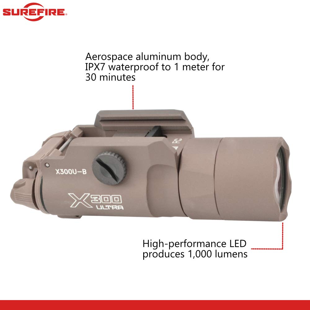 Sure Fire X300 Ultra (X300U-B) High Output 1000 Lumen LED Weapon Light (Tan) with 12 Extra 123A Batteries and 3 Battery Cases - Picatinny and Universal Rail Compatible