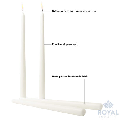 Royal Imports Unscented Taper Candles, Elegant Premium Quality, Dripless & Smokeless, Hand-Dipped Dinner Candles for Wedding, Holiday, Home Decor - 9 Hour Burn Time - Set of 12 (12 Inch, White)