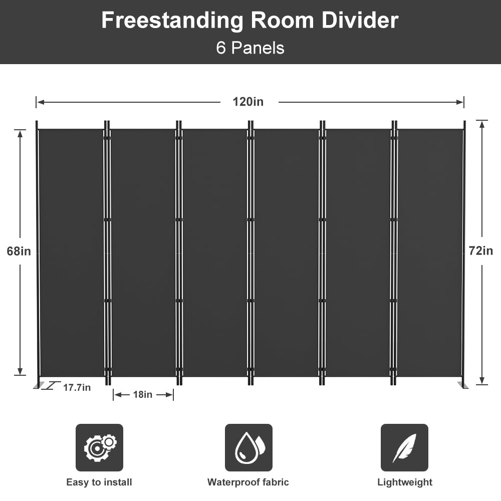 Kokorona 6 Panel Room Divider, 6FT Tall Folding Privacy Screen Wall Dividers, Portable Privacy Screen Freestanding Room Divider for Room Separation, Included - Cover Strips, Grey, 120''W x 72''H