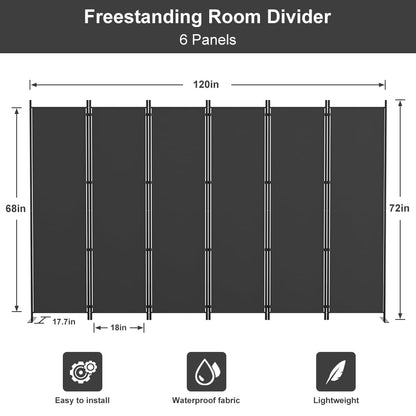 Kokorona 6 Panel Room Divider, 6FT Tall Folding Privacy Screen Wall Dividers, Portable Privacy Screen Freestanding Room Divider for Room Separation, Included - Cover Strips, Grey, 120''W x 72''H
