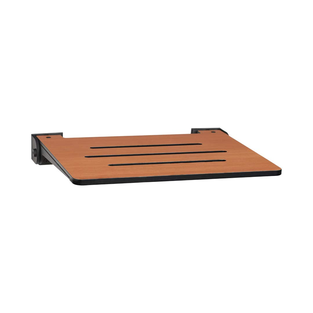 Seachrome 18 inch Silhouette Slimline Folding Wall Mount Shower Bench Seat, Teak Seat with Matte Black Frame