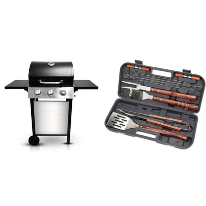 GasOne GP-1030S One 3 Burner Stainless Steel– Outdoor Cabinet Style with Wheels-High-Temperature & Cuisinart CGS-W13 Wooden Handle Tool Set, Black, Deluxe Pizza Grilling Pack (13-Piece)