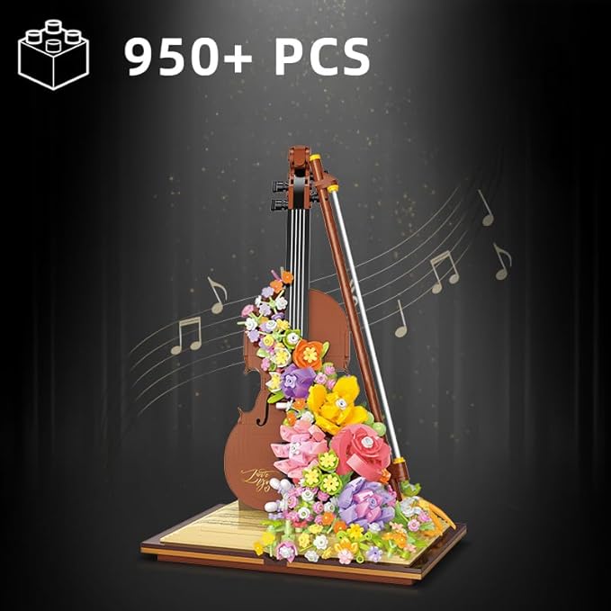 Mini Violin Building Blocks Sets Flower - 950+PCS Musical Instrument Micro Building Bricks Kit Floral - Creative Ideals Collectible Architecture Decoration Birthday Gift(Violin Flower)