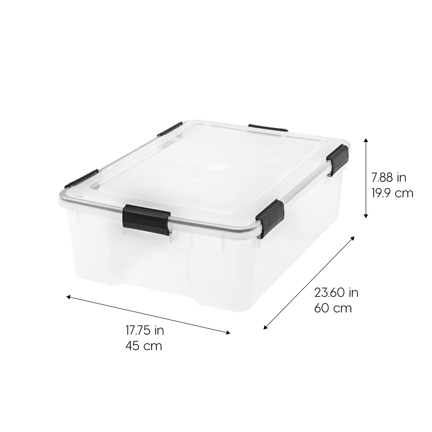 IRIS USA WeatherPro 41 Qt Storage Bins with Lids, 4 Pack, BPA-Free Plastic Gasket Box with Tight Latch and Seal, Stackable Nestable Tote Tub - Clear/Black