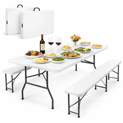 SIMPLI-Magic 6 Ft Folding Table with 2 Benches - Heavy Duty Plastic Portable Table Set with Carry Handle & Locking Legs, Indoor Outdoor Utility Table for Picnic, Party, Camping & Events