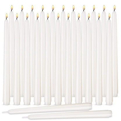 White Taper Candles, Set of 24 Unscented and Smokeless 10 Inch Taper Candles Long Burning, Paraffin Wax with Cotton Wicks for Burning Approxinately 7-8 Hours Time