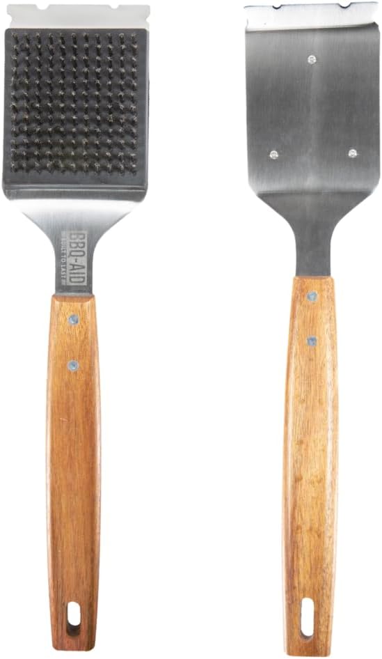 BBQ-Aid Grill Brush - Heavy-Duty Scraper with Extended Wooden Handle & Replaceable Stainless Steel Bristles