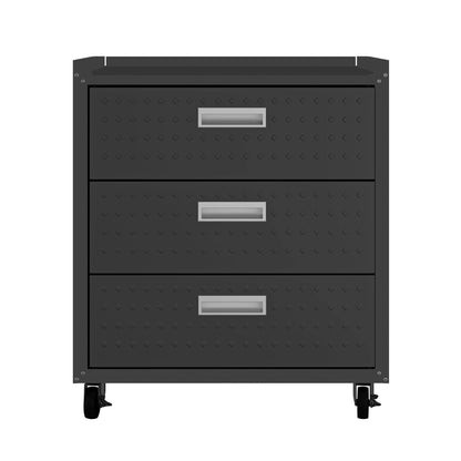 Manhattan Comfort Fortress 31.5-Inch Rolling Garage Tool Chest, 3-Drawer Lockable Mobile Storage Cabinet, Diamond-Textured Steel Utility Organizer with Wheels for Basement, Workshop in Charcoal Grey