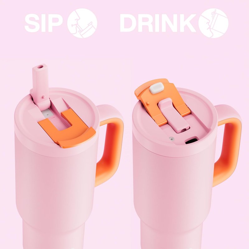 ENCOOL 32 oz Tumbler with Handle and Flip Straw, 100% Resistant Tumbler with Lid and Straw, Insulated Stainless Steel Travel Coffee Mug, Keeps Cold for 24 Hours, Cup Holder Friendly (Blush)