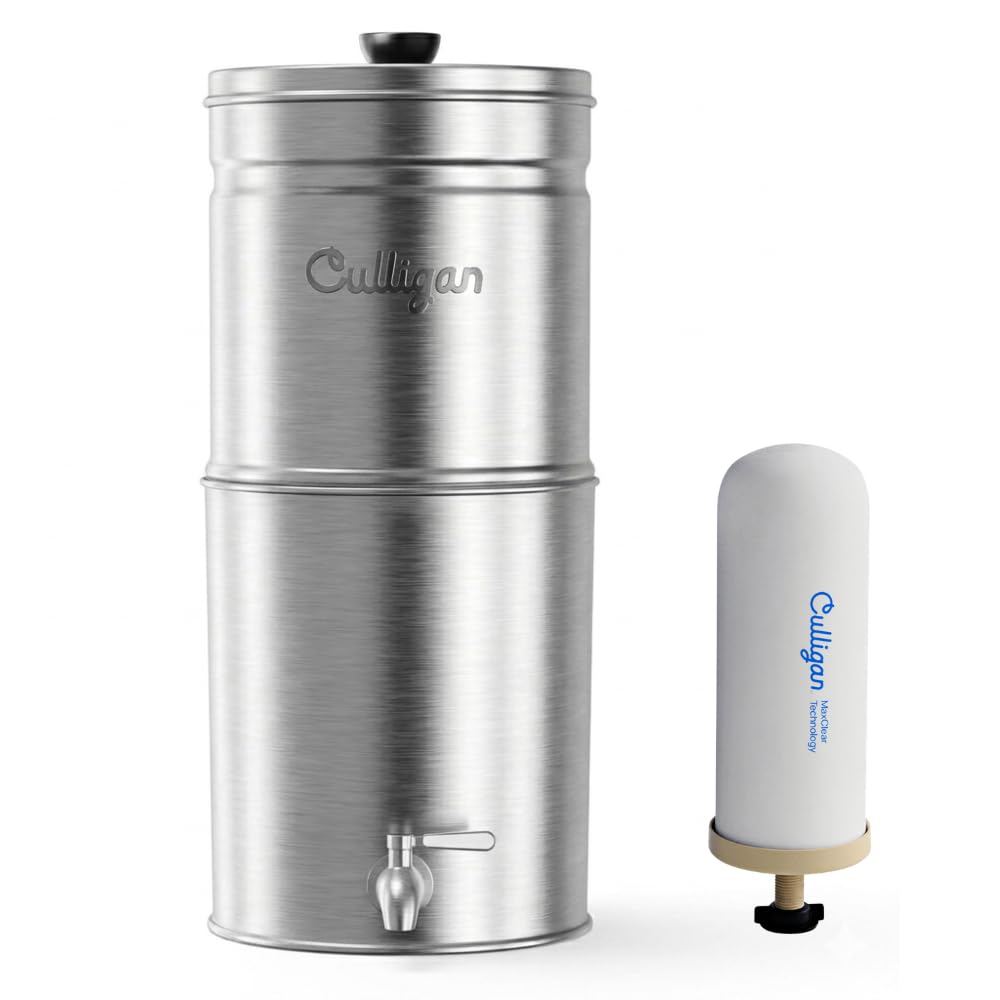 Culligan MaxClear 3 Gallon Gravity Water Filter System Removes Microplastics, PFAS & Lead, NSF/ANSI Certified, Brushed Stainless-Steel Countertop Filter with 1 Ceramic Filter