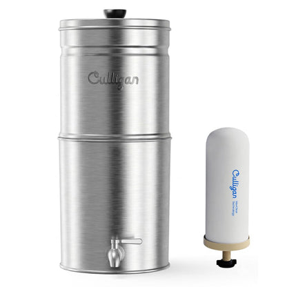 Culligan MaxClear 3 Gallon Gravity Water Filter System Removes Microplastics, PFAS & Lead, NSF/ANSI Certified, Brushed Stainless-Steel Countertop Filter with 1 Ceramic Filter