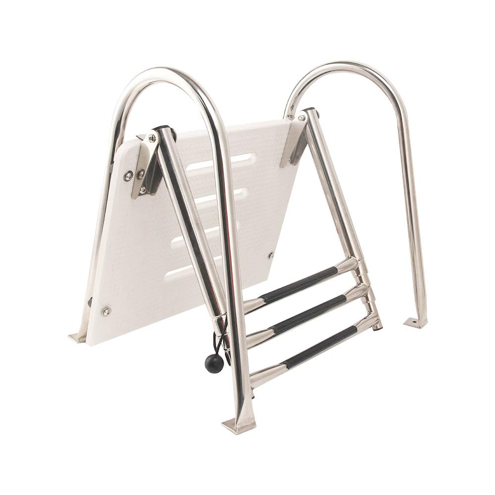 Mojiate Universal Inboard/Outboard Swimming Ladder with Fiberglass Platform, Telescopic Boat Ladder with 2 Handrails, Extendable Folding Stepladder for Marine, Ship, Yacht and More (3 - Step)