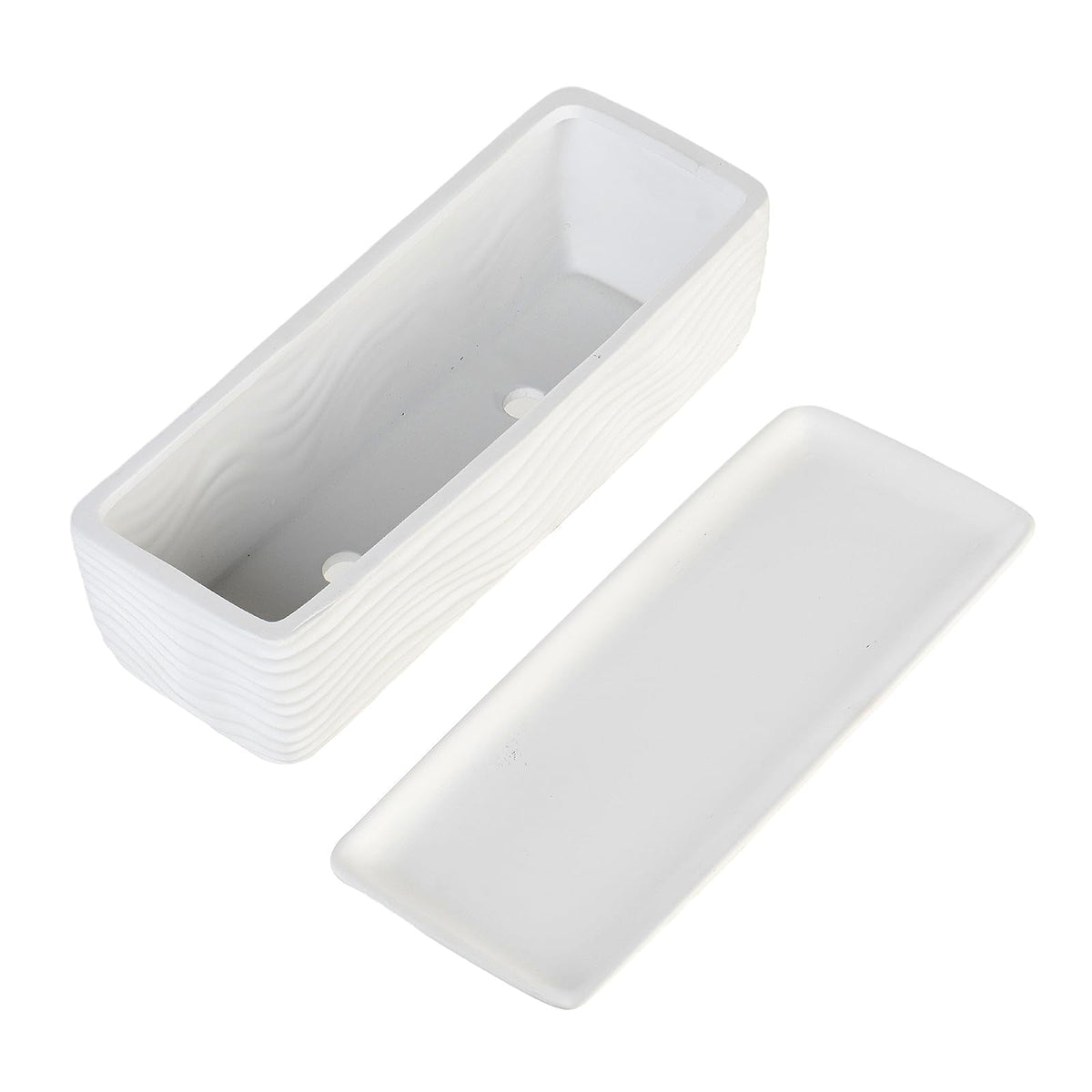 MyGift 12.5 inch Ceramic Planter, Modern Textured Rectangular Succulent Flower Plant Pot with Wave Design and Removable Drip Tray Saucer (White)