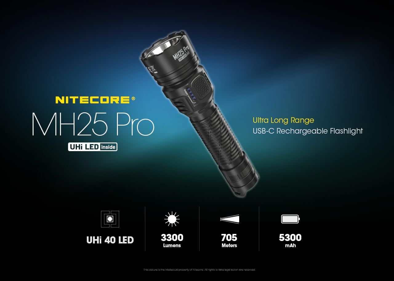 Nitecore MH25 Pro 770 Yard Long Throw Flashlight, 3300 Lumen USB-C Rechargeable Compact Duty Work Light with Lumentac Organizer
