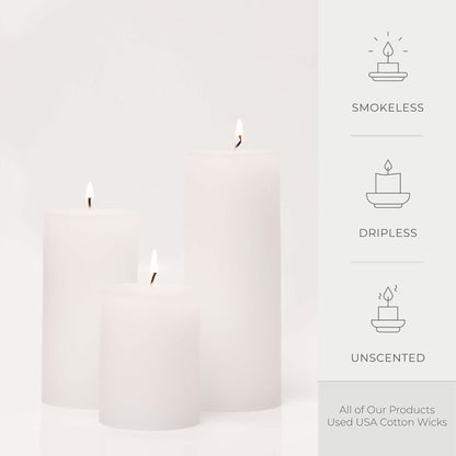 BASK Mottled Pillar Candles - Unscented White Pillar Candles Set of 3 - Dripless, Smokeless for All Occasions