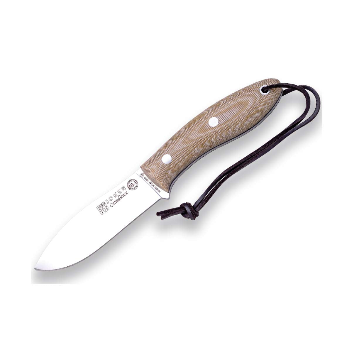 Joker Bushcraft Knife Canadiense CM114-P, Micarta Canvas Brown Handle, 4.13 inches blade of SANDVIK 14C28N, brown leather Sheath and Fire Starter, Tool for fishing, Hunting, camping and hiking