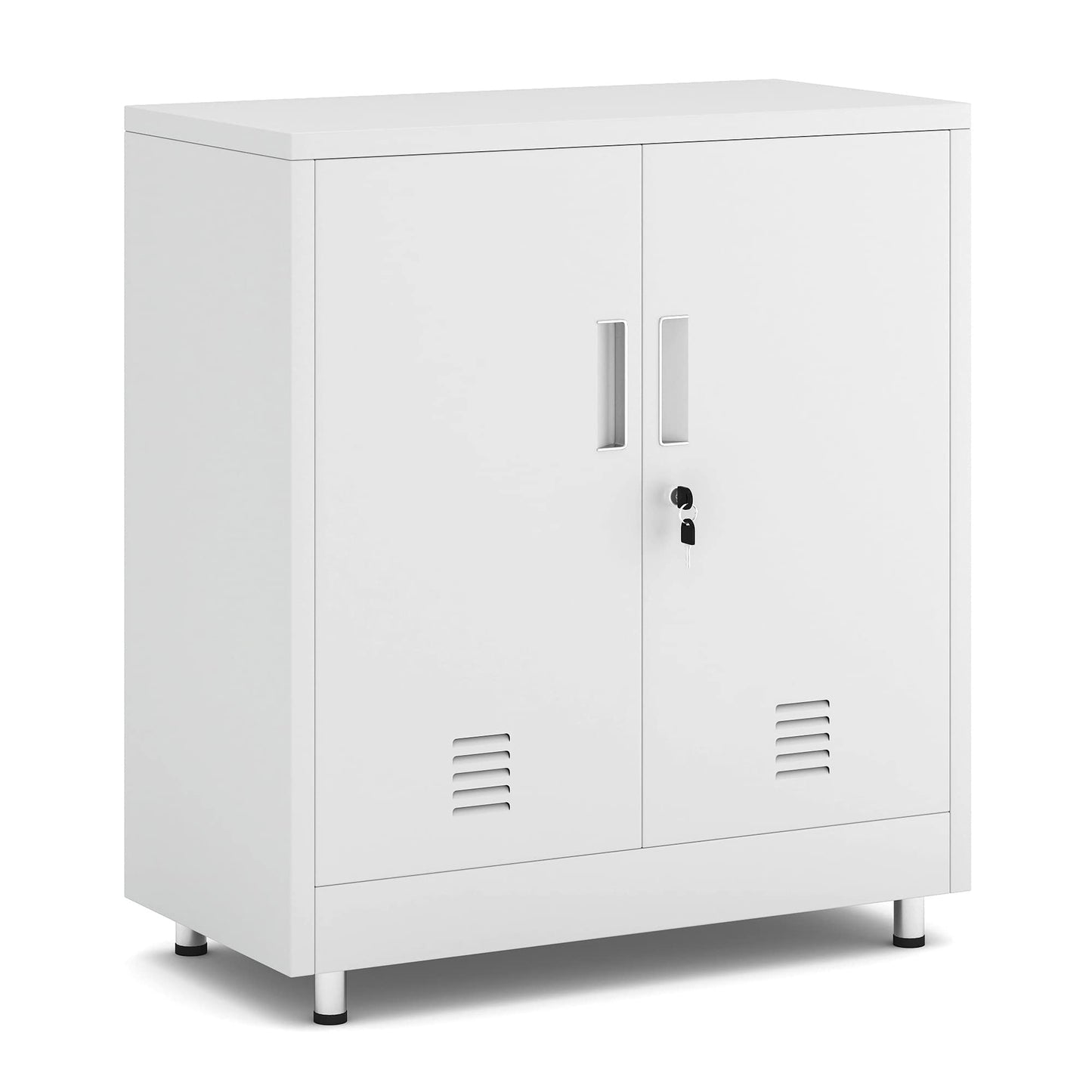 JINGUR Metal Storage Cabinet with Locking Doors and Adjustable Shelf, Small Lockable Sideboard Buffet Cabinet for Home Office Hallway Entryway Living Dining Room (White)