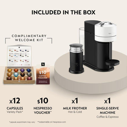 Nespresso Vertuo Next Coffee and Espresso Maker by De'Longhi, White with Aeroccino Milk Frother Bundle