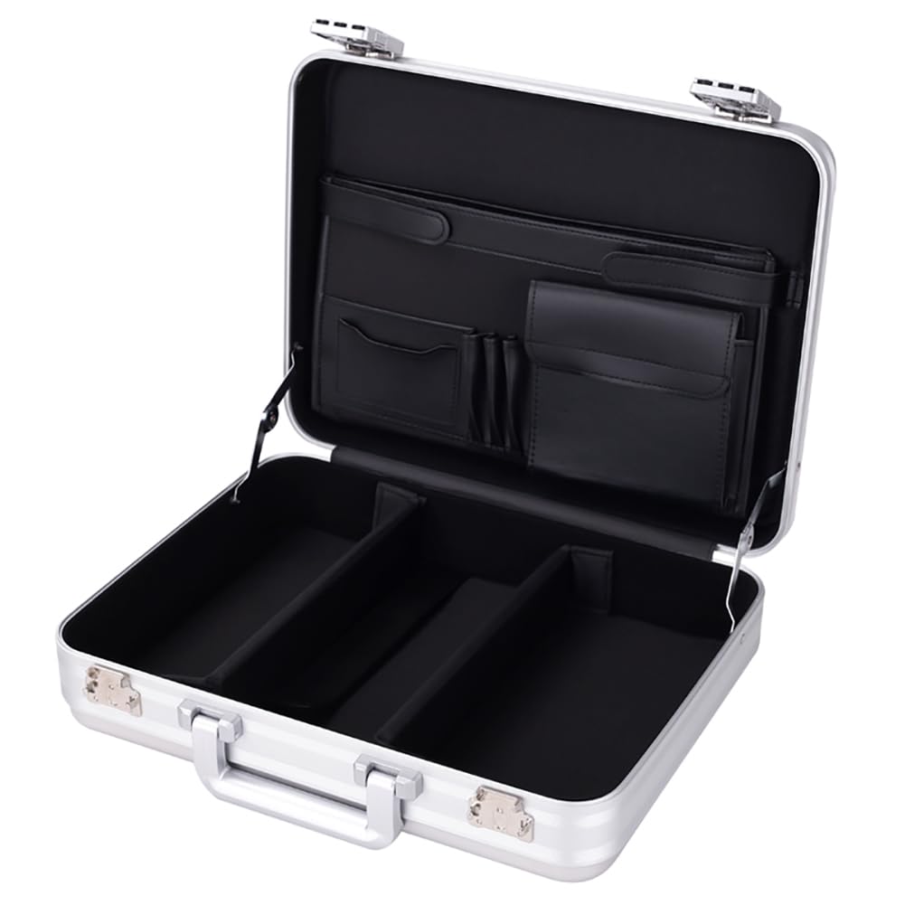urecimy Metal Briefcase for Men, Locking Aluminum Case, Large Suitcase for Valuables, UAV/Gun Cases, Display Box, Lockbox for Money, with Removable Interior and Sponges (Silver, 18.1X13.8X6.1 Inch)