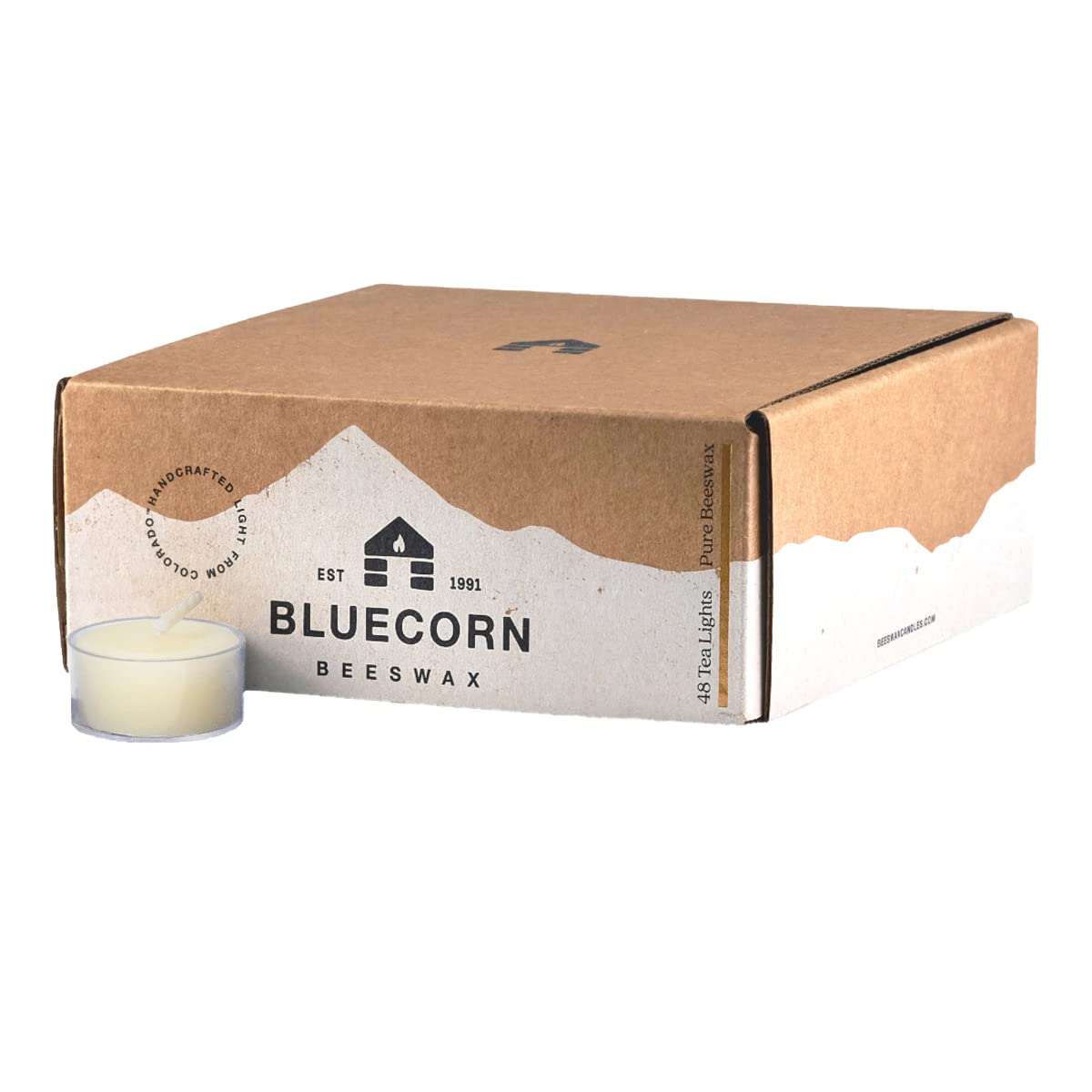 Bluecorn Beeswax Tea Light Candles, 100% Pure Natural Bees Wax, Ivory White Tea Lights, Fragrance Free, Paraffin & Soy Free Candle Wax, Clean Burning, Long Lasting (4-5 Hrs), American Made, 48 Pack