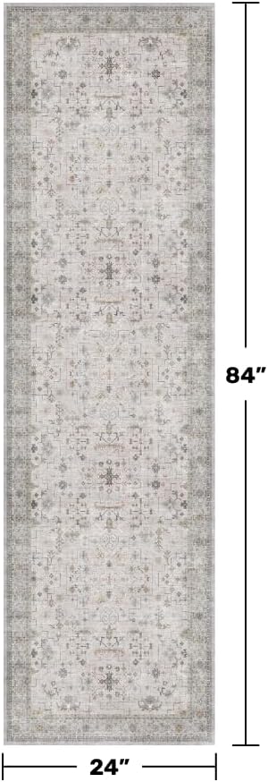 Regine Switzerland Light Grey 2x7 Boho Bathroom Runner Rug - Washable Floral Design, Non-Slip for Hallway & Bedroom