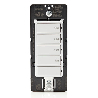 Leviton Countdown Timer Switch for bathroom fan and household lights, 5-10-15-30 min, No Neutral Required, Single Pole, 15A, 1/2 HP/9.8A Fan/Motor, DT130-1LW, White