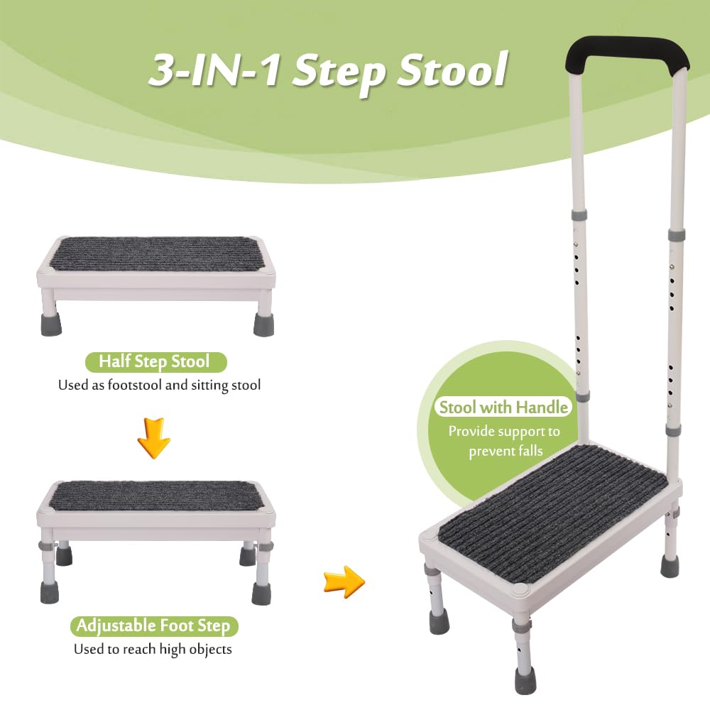 Medical Step Stool with Handle for Elderly Bed Steps for High Beds Adults Bedside Steps with Rail Safety Handicap Bed Stairs Seniors Adjustable Platform Heavy Duty Stepping Stool