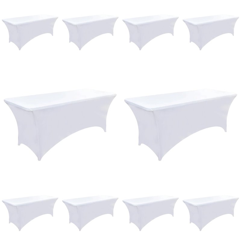 ZarzaaSik 10-Pack 8ft White Spandex Table Covers for Rectangle Folding Tables - Washable Elastic Tablecloth - Ultimate Fitted Table Protector for Parties, Trade Shows, Banquet, and Wedding