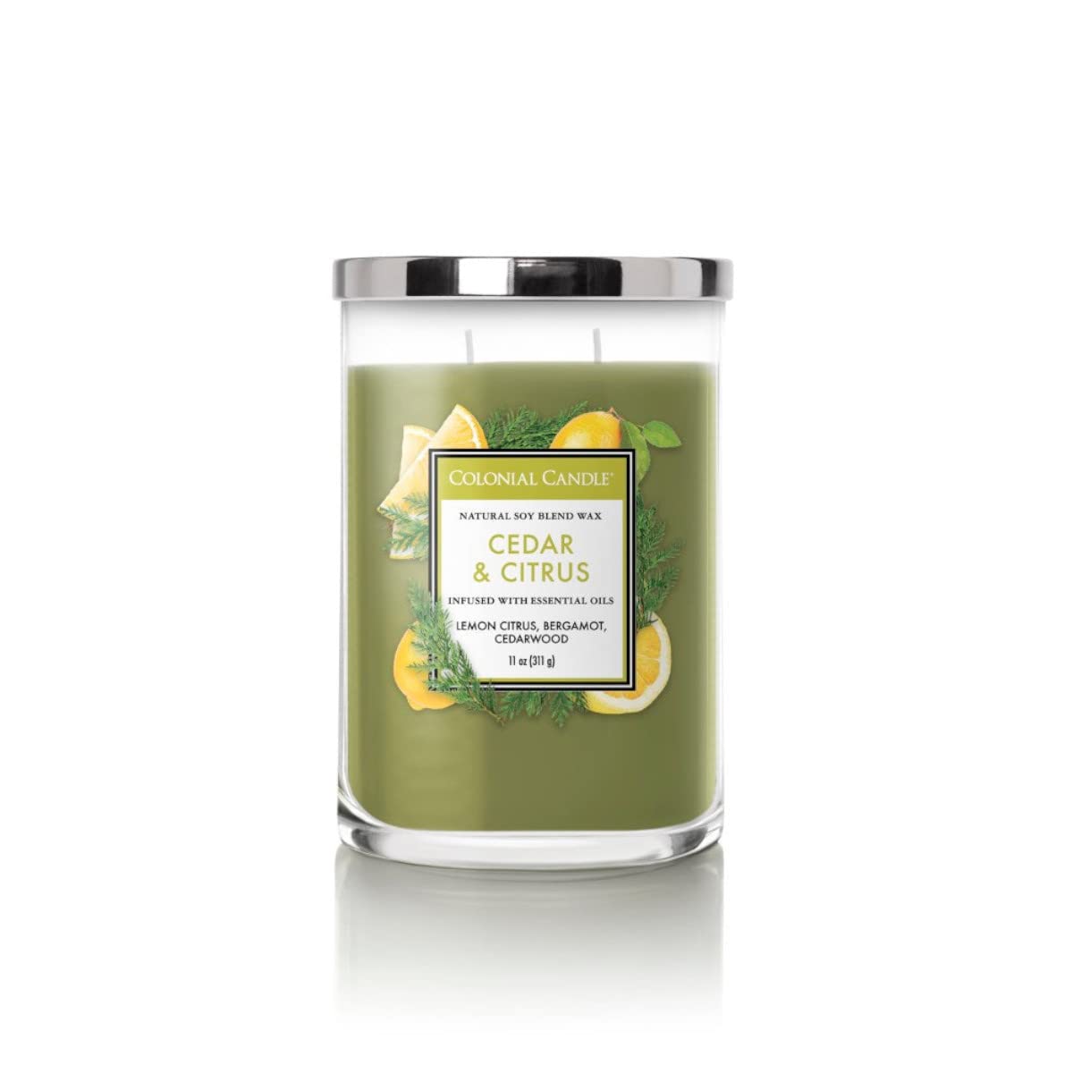 Colonial Candle Cedar & Citrus Scented Jar Candle, Classic Cylinders Collection, 2 Wick, Green, 11 oz - Up to 80 Hours Burn