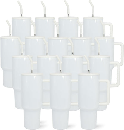 FECBK 40 oz Sublimation Tumbler with Handle and Straw Keeps Cold for 34 Hours Leakproof Stainless Steel Double Wall Vacuum Insulated Travel Mug Sublimation Blank Tumblers Bulk White 16 Pack