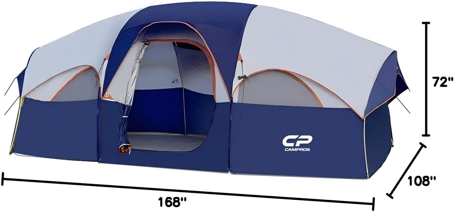 CAMPROS CP Tent 8 Person Camping Tents, Weather Resistant Family Tent, 5 Large Mesh Windows, Double Layer, Divided Curtain for Separated Room, Portable with Carry Bag - Blue