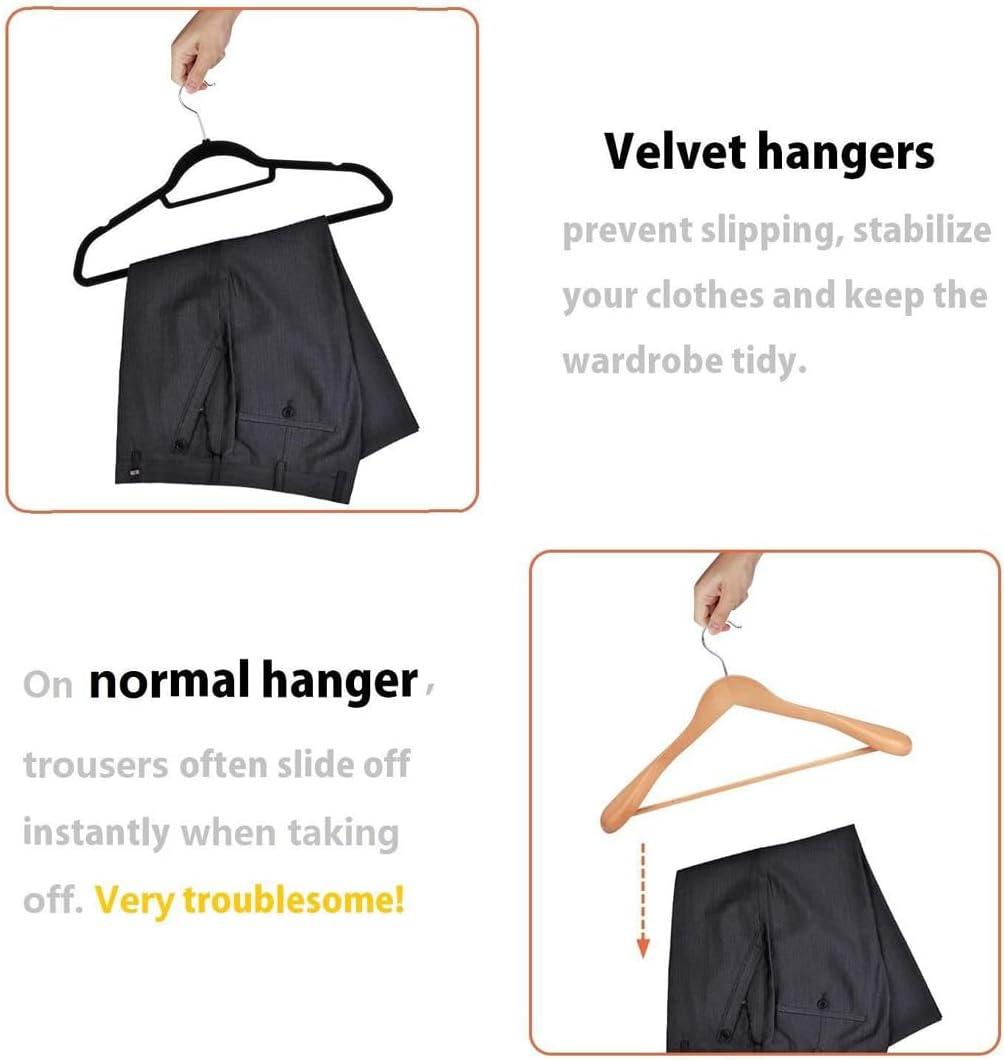 Velvet Non-Slip Hangers 10-Pack - Flocked Slim Suit Hangers with 360° Rotating Hook | Space-Saving Closet Organizer (Black)