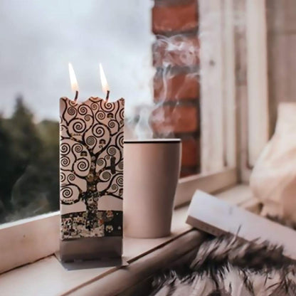 Flatyz Hand Painted Flat Candle - Gustav Klimt Tree of Life Artwork | Unscented, Dripless, Smokeless, Decorative | Unique Gift Idea and Home Décor Accent