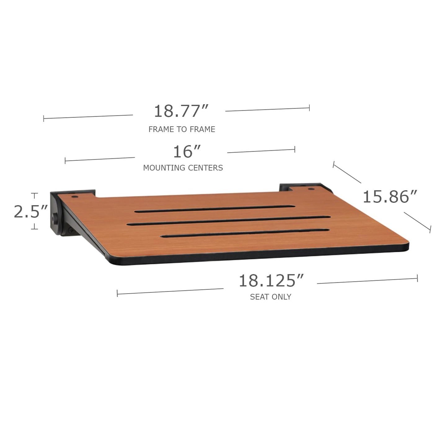 Seachrome 18 inch Silhouette Slimline Folding Wall Mount Shower Bench Seat, Teak Seat with Matte Black Frame