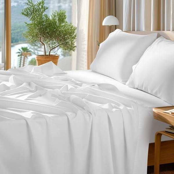 SONORO KATE 100% Egyptian Cotton Sheets Set - Luxury 5-Star Hotel Quality, Soft & Breathable | 4-Piece Queen Set (White)