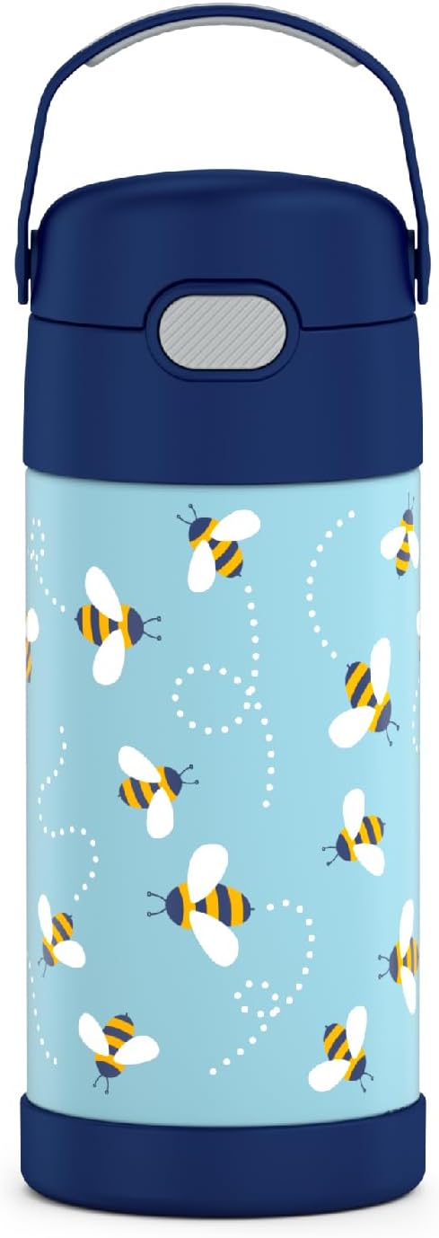 Thermos Funtainer 12 Ounce Kids Straw Bottle - Stainless Steel Vacuum Insulated, Honey Bees Design