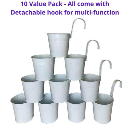 ShopLaLa Bundle - 6" Pot + Wooden Plant Holder, White Large Metal Flower Pot, Vertica Hanging Planters for Indoor Plants, Wall Mounted Plant Stand Ladder Outdoor Display Garden, Wooden Trellis Plants