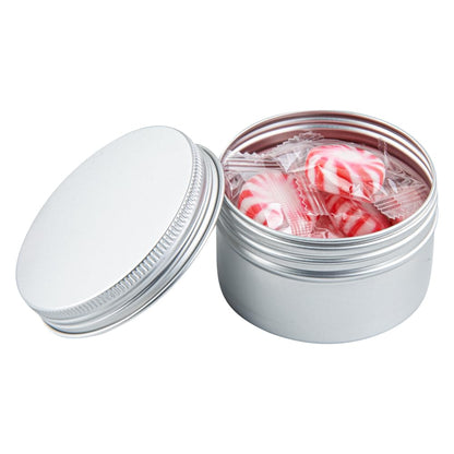 Restaurantware RW Base 4 Ounce Tin Storage Boxes 100 Round Tin Boxes With Lids - Durable Screwable Lids Silver Aluminum Storage Containers Customizable Fits Mints Pills Or Herbs