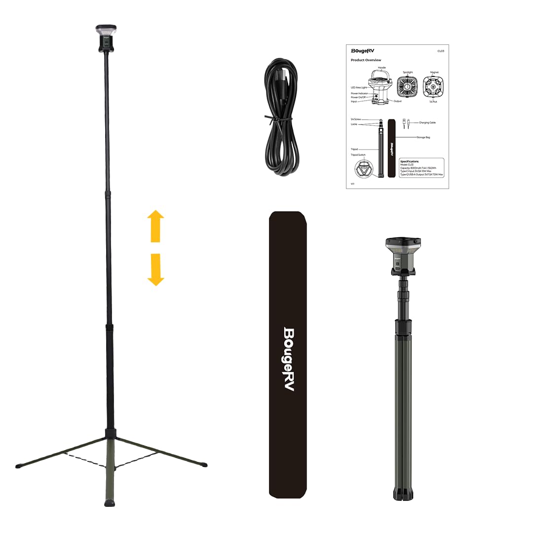 BougeRV Telescoping Camping Light, 3200 Lumen Outdoor Lantern, 8000mAh LED Lantern, 7.55 ft Tall, 90-Hour Runtime, Rechargeable Tent Lamp for Camping, Emergency, Hiking, Outdoor, Fast Charging Version