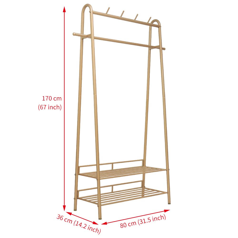 Cre Cra Gold Clothing Rack Freestanding Industrial Garment Rack with Double Shelves Heavy Duty Metal Modern Clothes Rack Stand Multi-functional Coat Hanger Rack Stand for Boutiques Bedroom
