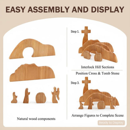 YOSINXU Empty Tomb Easter Scene and Christian Cross Decoration, Wooden Easter Resurrection Scene Cross Jesus Tomb Tray Set, Easter Decor for Religious Home Office Tabletop Christian Gifts